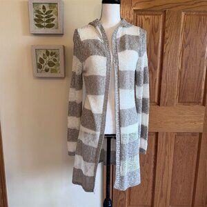 AGB Women's Hooded Longline Cardigan Tan Cream Striped Knit Sweater L